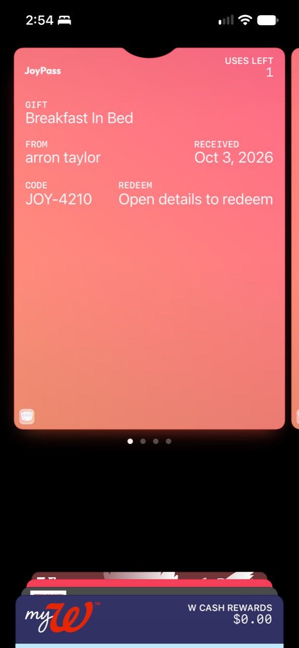A Breakfast in Bed JoyPass saved in Apple Wallet, with one use left